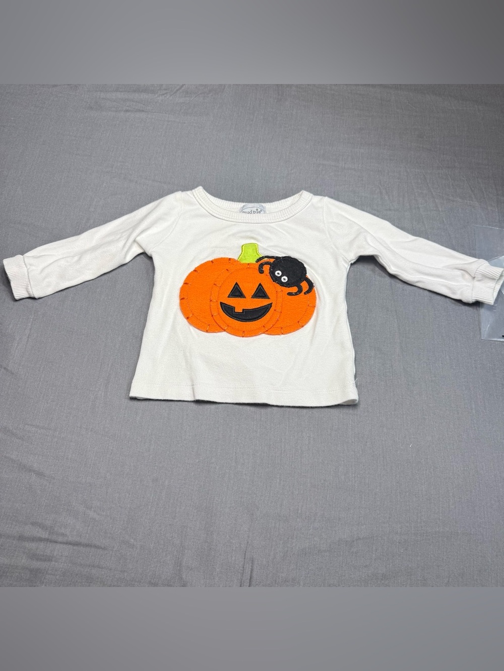 Mud Pie White Long Sleeve Top with Orange Pumpkin and Black Spider